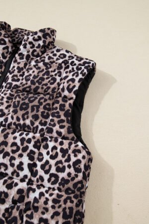 Brown Leopard Quilted Full Zipper Casual Puff Vest - Image 6
