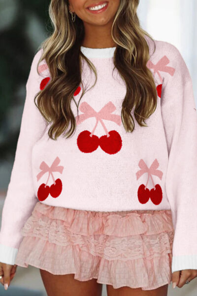 White Cherry Pattern Drop Shoulder Sweater