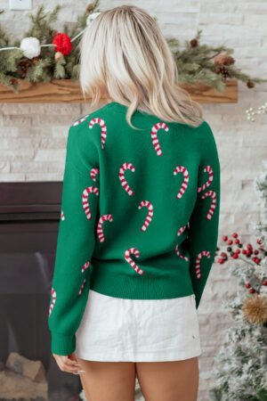 Dark Green Christmas Candy Cane Holiday Drop Shoulder Sweater - Image 4