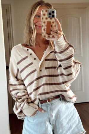 Brown Stripe Ribbed Henley Drop Shoulder Slouchy Sweater - Image 5