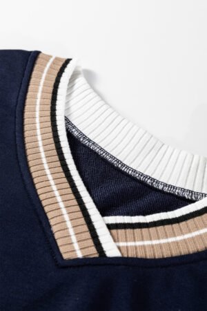 Navy Blue Varsity Contrast Striped Trim V Neck Sweatshirt - Image 7