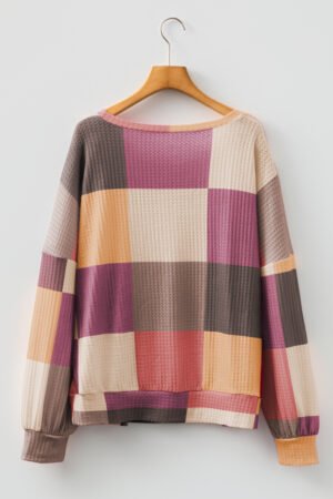 Rose Red Checkered Print Textured Knit Long Sleeve Loose Top - Image 6