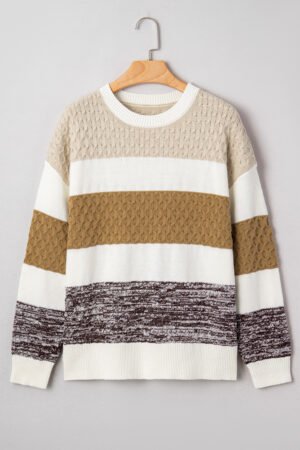 Brown Mixed Texture Knit Striped Color Block Loose Sweater - Image 8