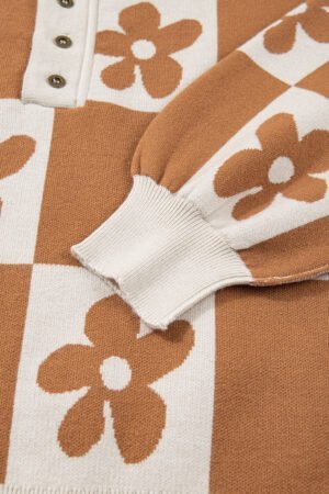 Thai Curry Flower Plaid Henley Baggy Sweater - Image 8