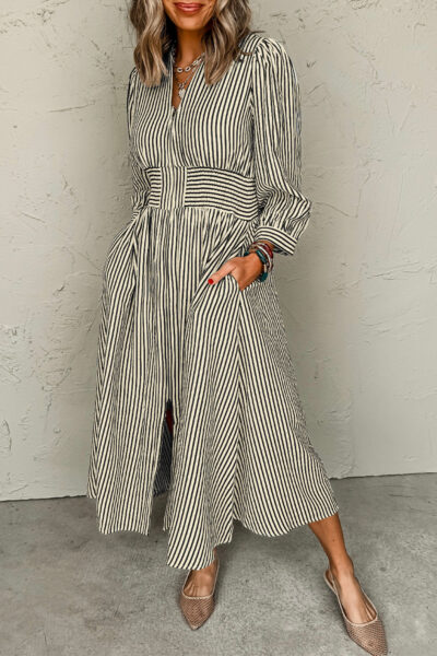 Black Stripe V Neck Zip Front Cinched High Waist Midi Dress