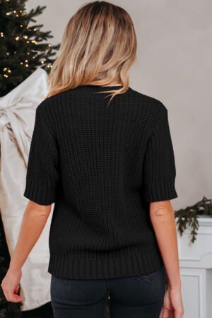 Black Plaid Lace up Detail Christmas Holiday Puff Short Sleeve Sweater - Image 13