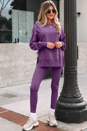 Orchid Mist Solid Color Oversize Slit Sweatshirt Ribbed Leggings 2pcs Set - Image 13