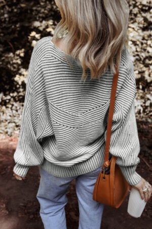 Alternative view of Medium Grey Striped Print Ribbed Knit Boat Neck Baggy Sweater