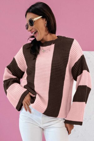 Fushia Striped Color Block Thermal Textured Knit Drop Shoulder Sweater - Image 3