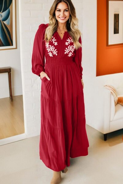 Alternative view of Racing Red Contrast Embroidered Detail Cinched Waist Tiered Long Sleeve Maxi Dress