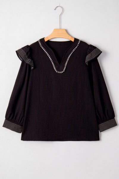 Black Contrast Stitched Detail V Neck Ruffle Long Sleeve Blouse