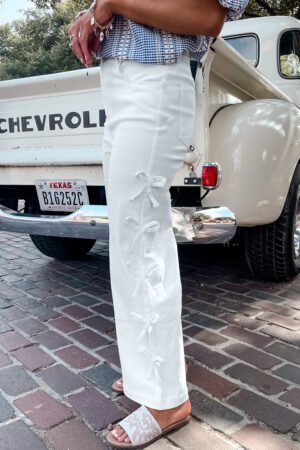 White Bow Knot Side Detail Straight Leg Loose Jeans - Image 2
