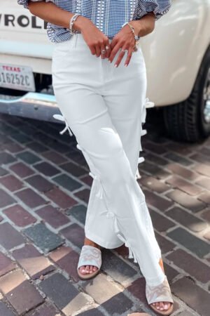 White Bow Knot Side Detail Straight Leg Loose Jeans - Image 5