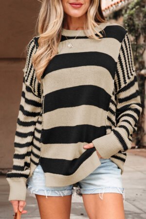 Black Stripe Drop Shoulder Sleeve Patchwork Baggy Sweater - Image 6