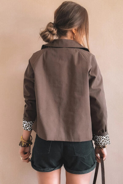 Dark Brown Collared Buttoned Leopard Liner Patchwork Chic Jacket