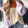 Khaki Color Block Plain Ribbed Knit Baggy Sweater