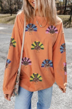 Orange Turkey Graphic Corded Baggy Sweatshirt - Image 7