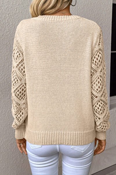 Jet Stream Solid V Neck Pointelle Knit Sleeve Patchwork Sweater