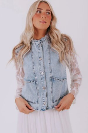 Beau Blue Scalloped Trim Patch Pocket Button Front Denim Vest - Image 5