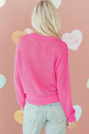 Sachet Pink Sweet Bow Decor Hollow Out Knitted Drop Shoulder Sweater - Image 11