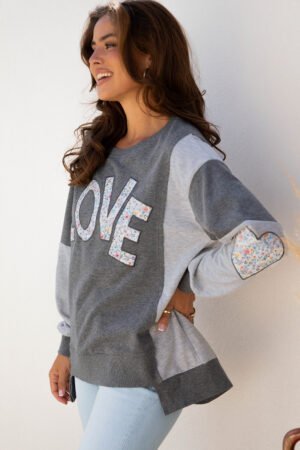 Dark Grey LOVE Graphic Exposed Seam Patchwork Uneven Hem Chic Sweatshirt - Image 2
