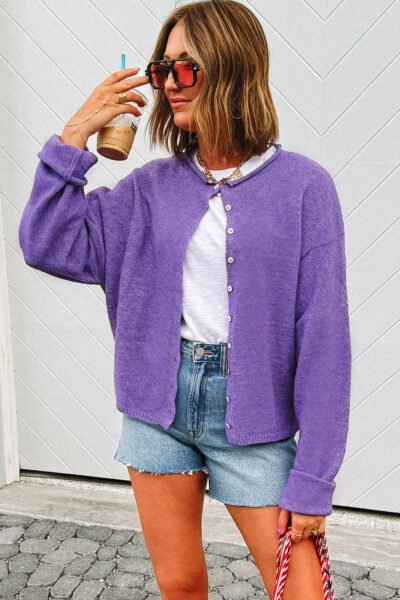 Alternative view of Wisteria Solid Color Knit Button Drop Shoulder Sweater Cardigan