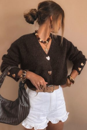 Chicory Coffee Heart Metal Button V Neck Cardigan Sweater - Image 3