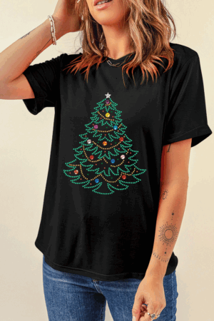 Black Rhinestone Christmas Tree Round Neck Graphic Tee - Image 3