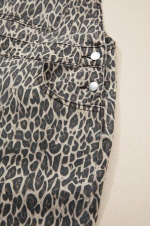 Brown Leopard Print Straight Leg Loose Denim Overall Jumpsuit - Image 10