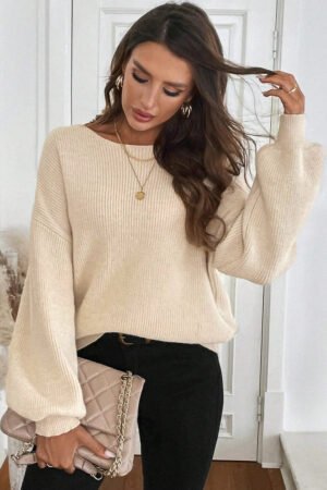 Jet Stream Ribbed Knit Ribbon Knot Backless Drop Shoulder Sweater - Image 2