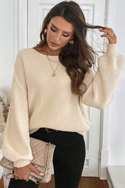 Jet Stream Ribbed Knit Ribbon Knot Backless Drop Shoulder Sweater
