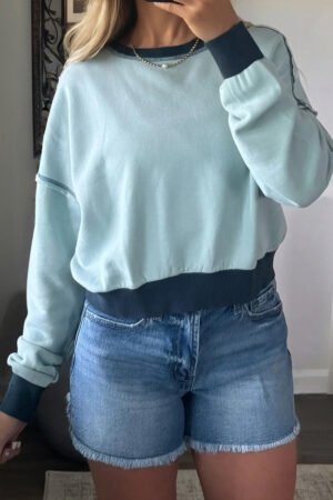 Iceland Blue Contrast Edge Colorblock Patchwork Crop Sweatshirt - Image 11