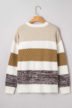 Brown Mixed Texture Knit Striped Color Block Loose Sweater - Image 9