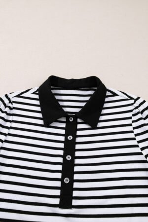 White Stripe Buttoned Front Collared Long Sleeve T Shirt Dress with Pockets - Image 5
