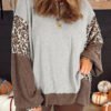 Gray Color Block Leopard Patchwork Dolman Sleeve High Low Baggy Sweatshirt