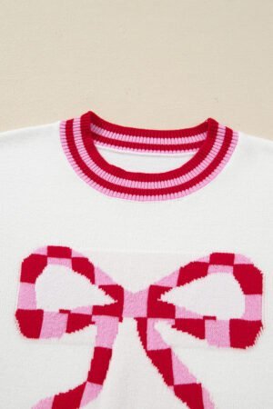 White Striped Trim Bow Graphic Round Neck Drop Shoulder Sweater - Image 5