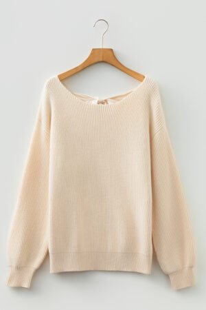 Jet Stream Ribbed Knit Ribbon Knot Backless Drop Shoulder Sweater - Image 4
