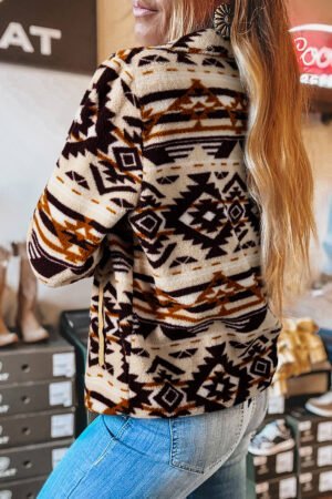 Khaki Western Aztec Half Placket Plush Sweatshirt - Image 2