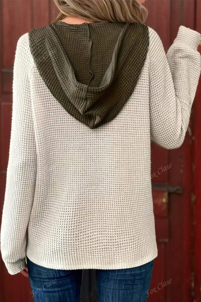 White Waffle Contrast Half Buttoned Hooded Pullover Top
