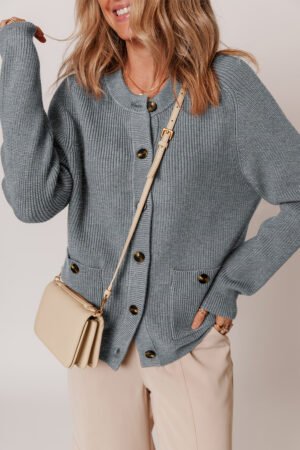 Medium Grey Chunky Buttoned Front Round Neck Cardigan Sweater - Image 3
