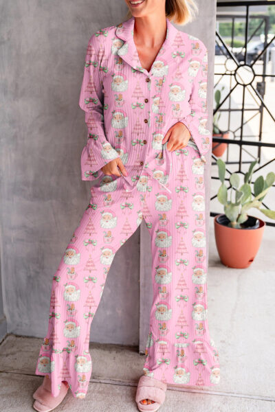 Pink Christmas Print Ruffled Ribbed Shirt & Pants 2 Piece PJ Set