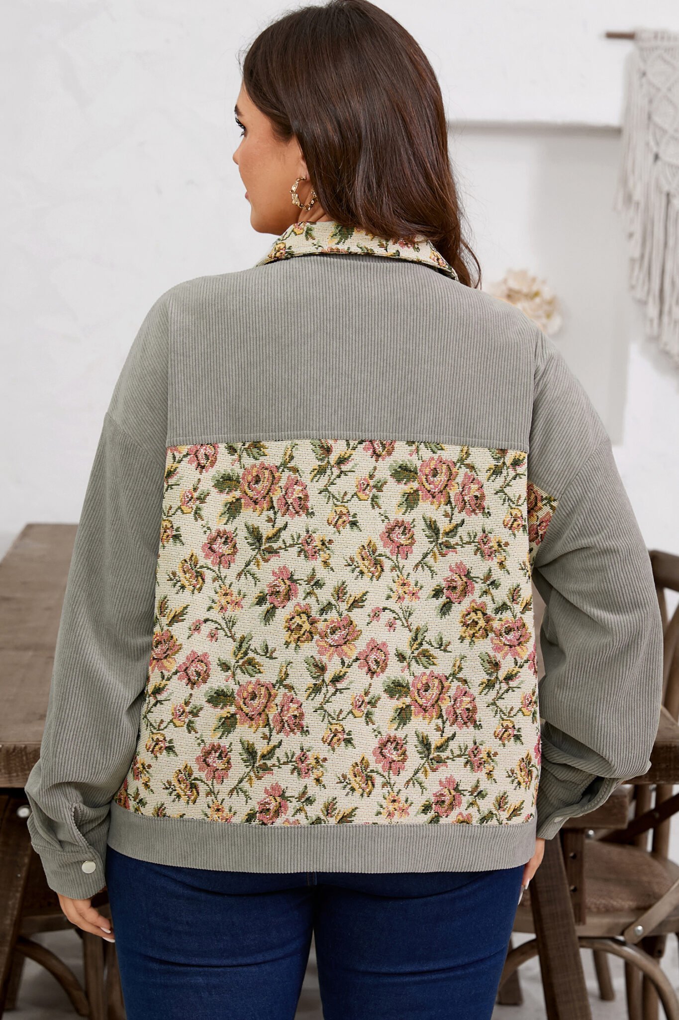 Medium Grey Corduroy Floral Patchwork Vintage Jacket - Image 10