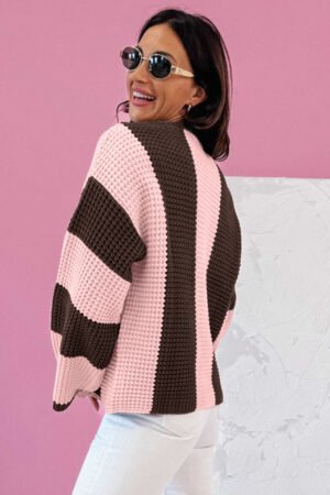 Fushia Striped Color Block Thermal Textured Knit Drop Shoulder Sweater - Image 2