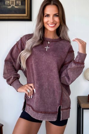 Red Sandalwood Mineral Wash Exposed Seam Side Slit Sweatshirt - Image 4