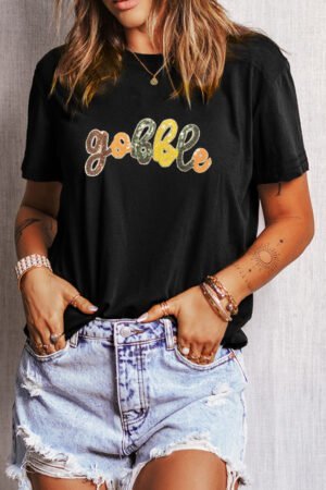Alternative view of Black gobble Sequin Letter Graphic Thanksgiving T Shirt