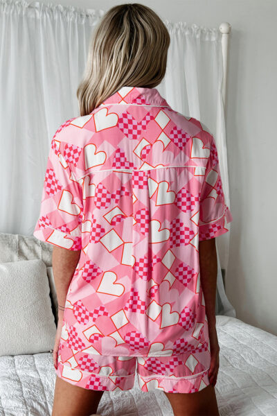 Pink Heart Print Shirt Style Silky Short Pajama Set
