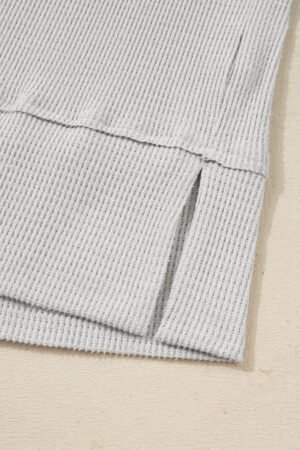 Light Grey Textured Knit Drawstring Cowl Neck Oversize Top with Side Slits - Image 7