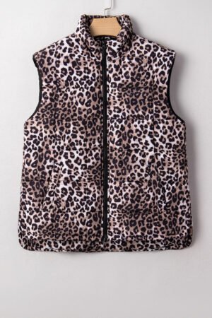 Brown Leopard Quilted Full Zipper Casual Puff Vest - Image 3