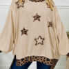 Beige Contrast Leopard Star Patchwork Detail Raw Seam Baggy Sweatshirt