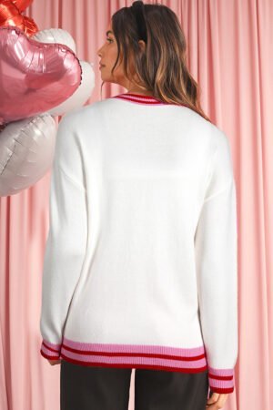 White Striped Trim Bow Graphic Round Neck Drop Shoulder Sweater - Image 2